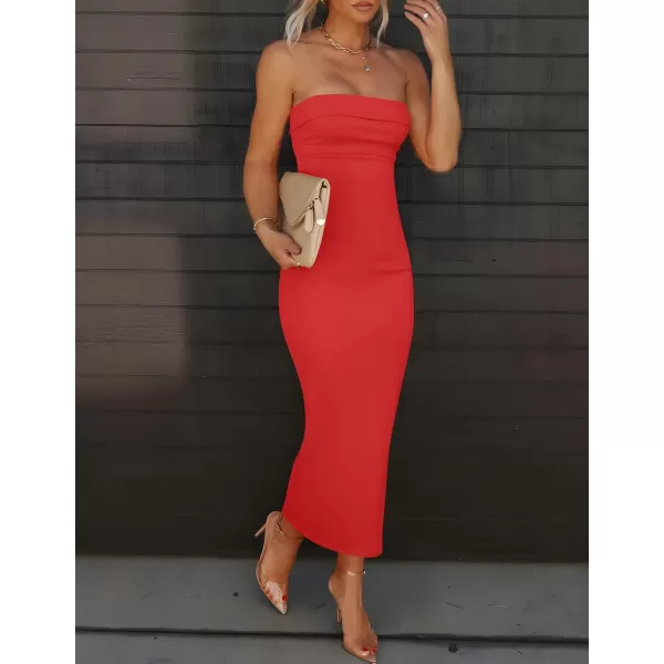 imageZESICA Womens Summer Strapless Bodycon Midi Dress 2024 Off Shoulder Strapless Side Slit Tube Long Club Party DressesWatermelon
