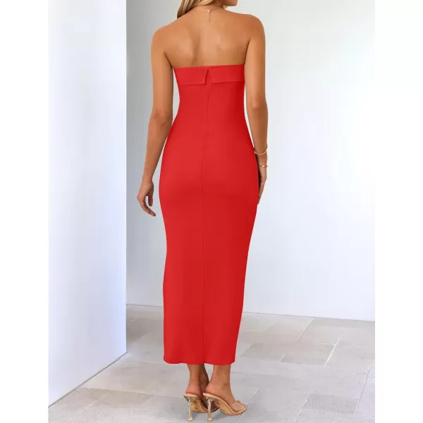 imageZESICA Womens Summer Strapless Bodycon Midi Dress 2024 Off Shoulder Strapless Side Slit Tube Long Club Party DressesWatermelon
