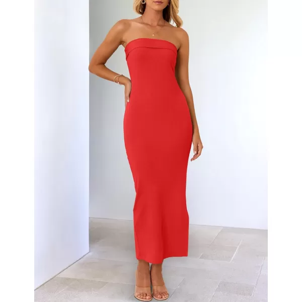 imageZESICA Womens Summer Strapless Bodycon Midi Dress 2024 Off Shoulder Strapless Side Slit Tube Long Club Party DressesWatermelon