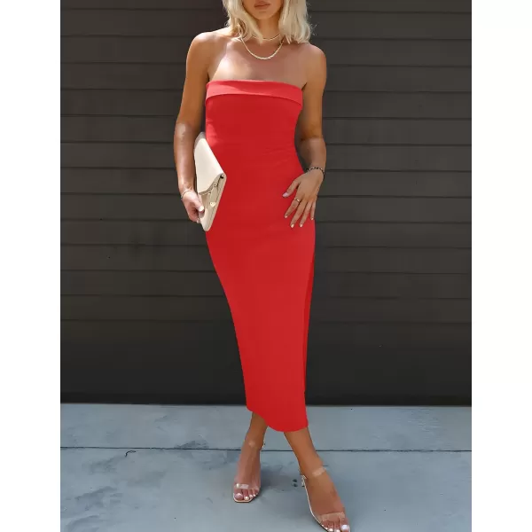 imageZESICA Womens Summer Strapless Bodycon Midi Dress 2024 Off Shoulder Strapless Side Slit Tube Long Club Party DressesWatermelon