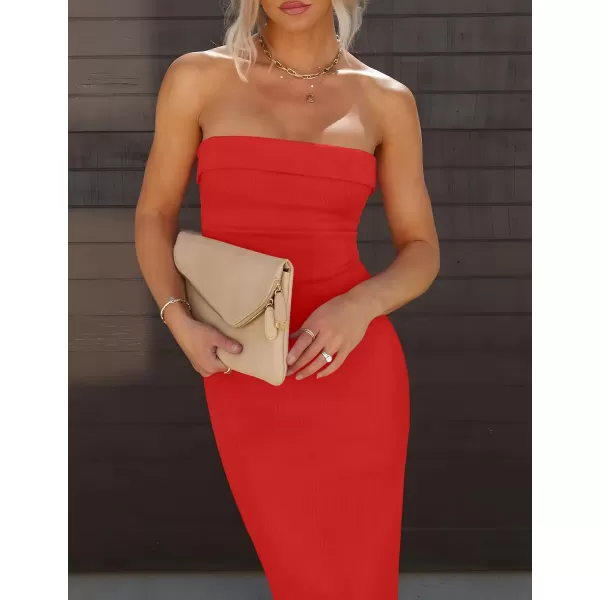 imageZESICA Womens Summer Strapless Bodycon Midi Dress 2024 Off Shoulder Strapless Side Slit Tube Long Club Party DressesWatermelon
