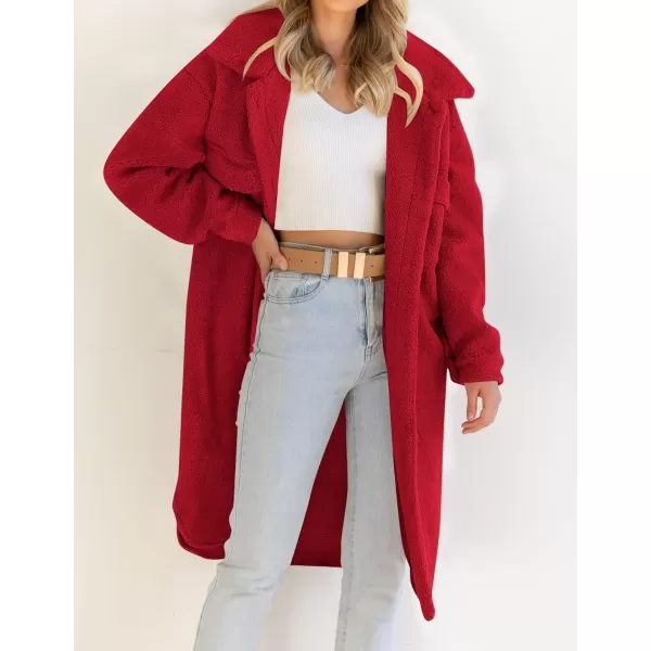 imageZESICA Womens Winter Fuzzy Fleece Lapel Button Down Open Front Faux Fur Long Jacket Coat Outwear with PocketsRedSmall