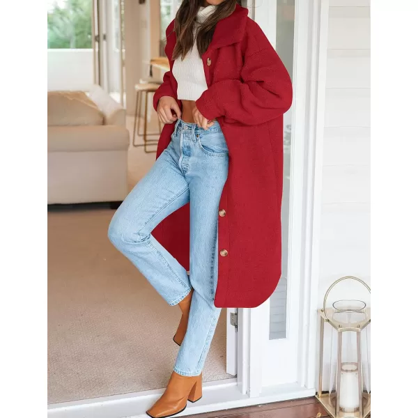 imageZESICA Womens Winter Fuzzy Fleece Lapel Button Down Open Front Faux Fur Long Jacket Coat Outwear with PocketsRedSmall