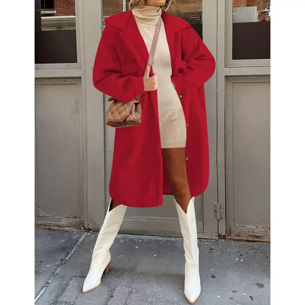imageZESICA Womens Winter Fuzzy Fleece Lapel Button Down Open Front Faux Fur Long Jacket Coat Outwear with PocketsRedSmall