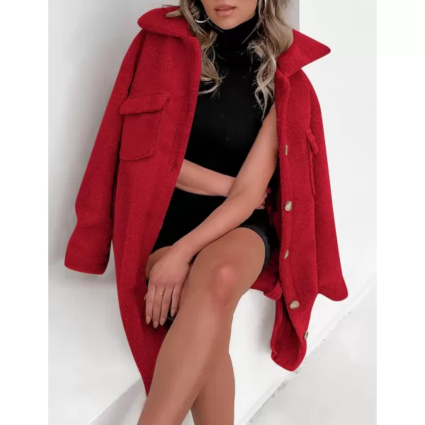 imageZESICA Womens Winter Fuzzy Fleece Lapel Button Down Open Front Faux Fur Long Jacket Coat Outwear with PocketsRedSmall
