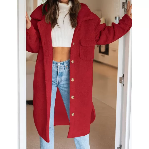 imageZESICA Womens Winter Fuzzy Fleece Lapel Button Down Open Front Faux Fur Long Jacket Coat Outwear with PocketsRedSmall