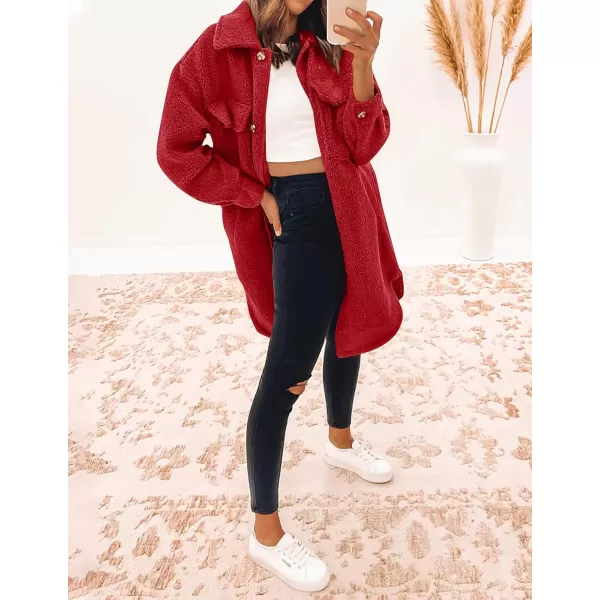 imageZESICA Womens Winter Fuzzy Fleece Lapel Button Down Open Front Faux Fur Long Jacket Coat Outwear with PocketsRedSmall