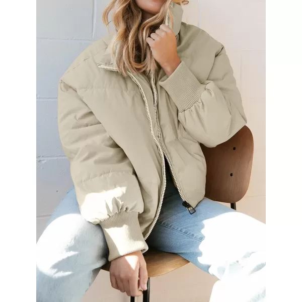 imageZESICA Womens Winter Warm Long Sleeve Zip Up Drawstring Baggy Cropped Puffer Down Jacket Coat OuterwearApricot