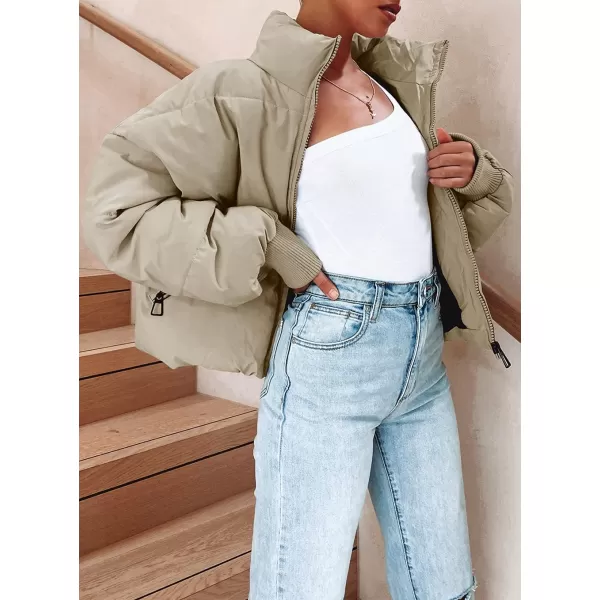 imageZESICA Womens Winter Warm Long Sleeve Zip Up Drawstring Baggy Cropped Puffer Down Jacket Coat OuterwearApricot