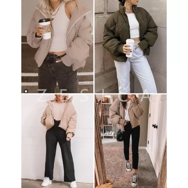 imageZESICA Womens Winter Warm Long Sleeve Zip Up Drawstring Baggy Cropped Puffer Down Jacket Coat OuterwearApricot
