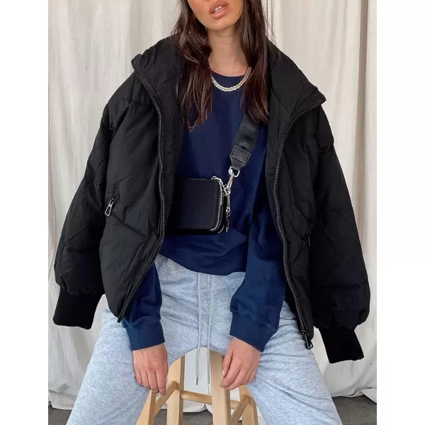imageZESICA Womens Winter Warm Long Sleeve Zip Up Drawstring Baggy Cropped Puffer Down Jacket Coat OuterwearBlack