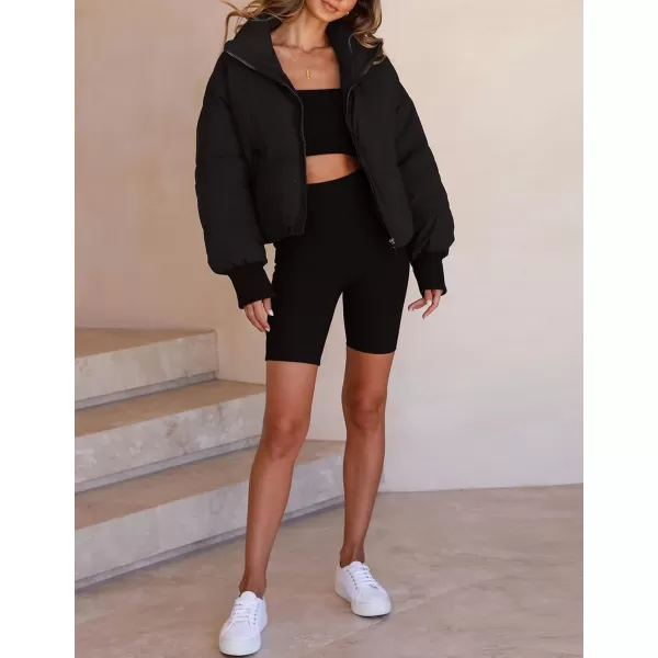 imageZESICA Womens Winter Warm Long Sleeve Zip Up Drawstring Baggy Cropped Puffer Down Jacket Coat OuterwearBlack