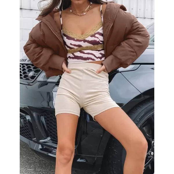 imageZESICA Womens Winter Warm Long Sleeve Zip Up Drawstring Baggy Cropped Puffer Down Jacket Coat OuterwearCoffee