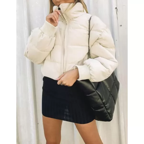imageZESICA Womens Winter Warm Long Sleeve Zip Up Drawstring Baggy Cropped Puffer Down Jacket Coat OuterwearCream