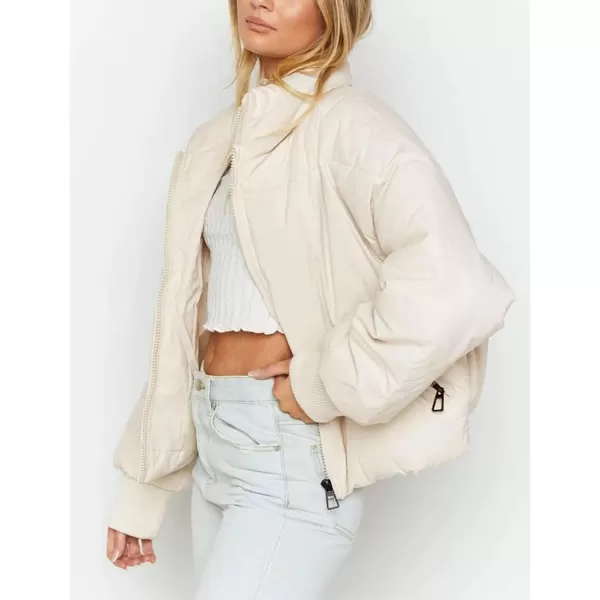 imageZESICA Womens Winter Warm Long Sleeve Zip Up Drawstring Baggy Cropped Puffer Down Jacket Coat OuterwearCream