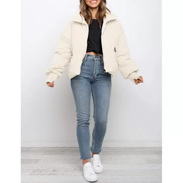 imageZESICA Womens Winter Warm Long Sleeve Zip Up Drawstring Baggy Cropped Puffer Down Jacket Coat OuterwearCream