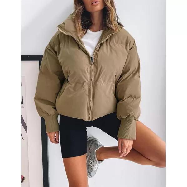 imageZESICA Womens Winter Warm Long Sleeve Zip Up Drawstring Baggy Cropped Puffer Down Jacket Coat OuterwearKhaki