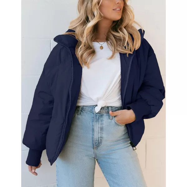 imageZESICA Womens Winter Warm Long Sleeve Zip Up Drawstring Baggy Cropped Puffer Down Jacket Coat OuterwearNavy