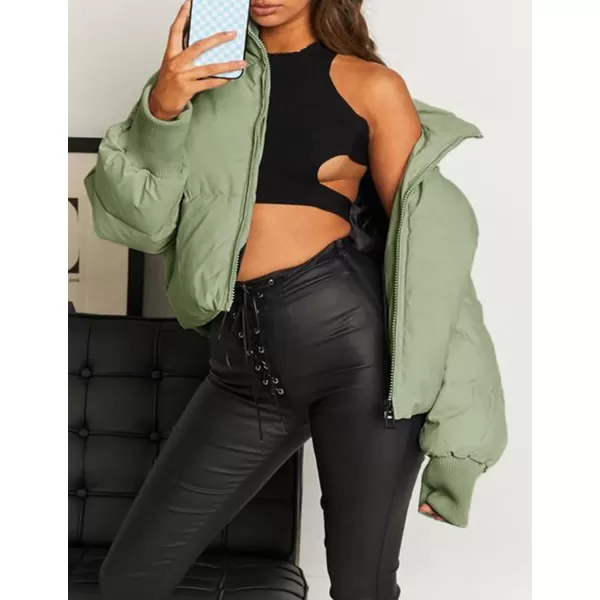 imageZESICA Womens Winter Warm Long Sleeve Zip Up Drawstring Baggy Cropped Puffer Down Jacket Coat OuterwearPea Green