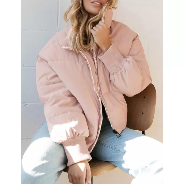 imageZESICA Womens Winter Warm Long Sleeve Zip Up Drawstring Baggy Cropped Puffer Down Jacket Coat OuterwearPink