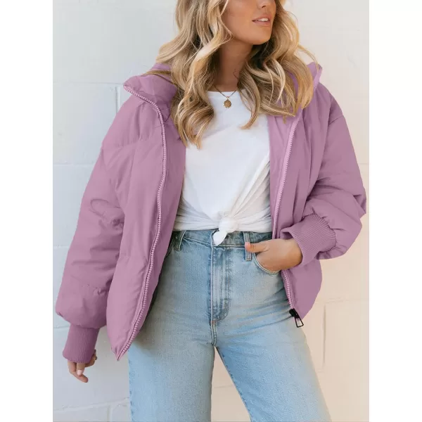 imageZESICA Womens Winter Warm Long Sleeve Zip Up Drawstring Baggy Cropped Puffer Down Jacket Coat OuterwearPurple
