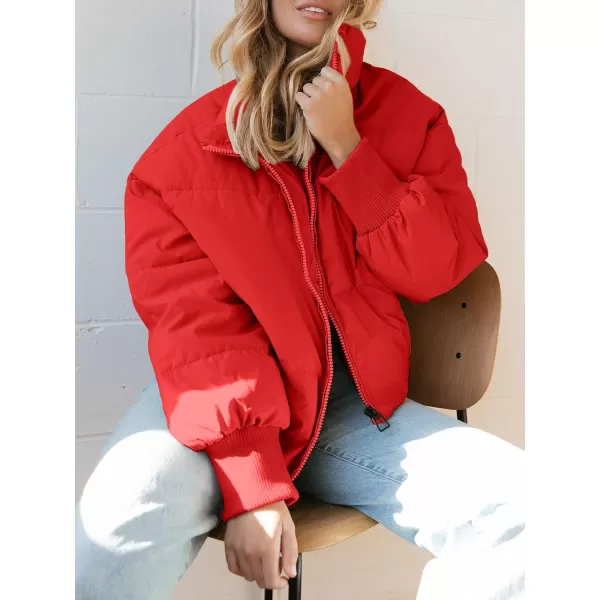 imageZESICA Womens Winter Warm Long Sleeve Zip Up Drawstring Baggy Cropped Puffer Down Jacket Coat OuterwearRed