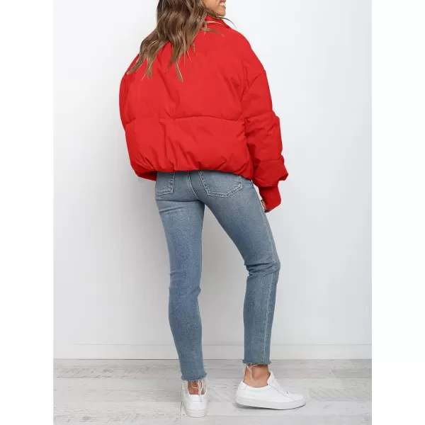 imageZESICA Womens Winter Warm Long Sleeve Zip Up Drawstring Baggy Cropped Puffer Down Jacket Coat OuterwearRed