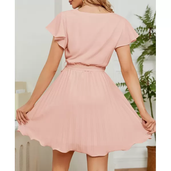 imageZESICA Womens Wrap V Neck Mini Dress 2024 Summer Flutter Sleeve Tie Waist Pleated A Line Swing Wedding Party Short DressesLightpink