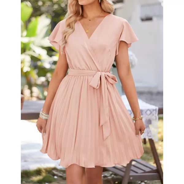 imageZESICA Womens Wrap V Neck Mini Dress 2024 Summer Flutter Sleeve Tie Waist Pleated A Line Swing Wedding Party Short DressesLightpink