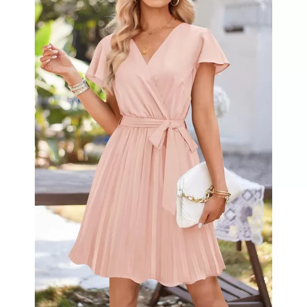 imageZESICA Womens Wrap V Neck Mini Dress 2024 Summer Flutter Sleeve Tie Waist Pleated A Line Swing Wedding Party Short DressesLightpink