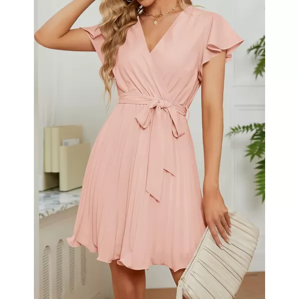 imageZESICA Womens Wrap V Neck Mini Dress 2024 Summer Flutter Sleeve Tie Waist Pleated A Line Swing Wedding Party Short DressesLightpink