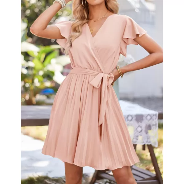imageZESICA Womens Wrap V Neck Mini Dress 2024 Summer Flutter Sleeve Tie Waist Pleated A Line Swing Wedding Party Short DressesLightpink