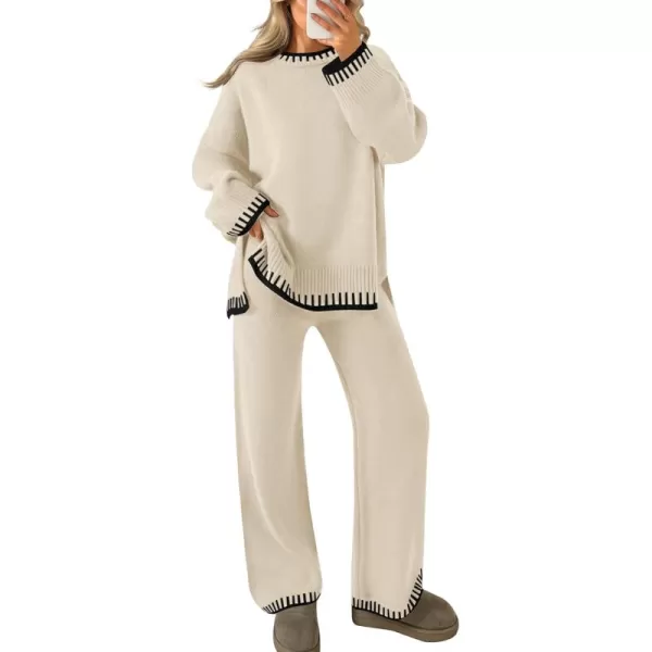 imageZESICA Womens 2024 Fall 2 Piece Outfits Sweater Sets Long Sleeve Pullover Tops Wide Leg Pants Lounge SetApricot