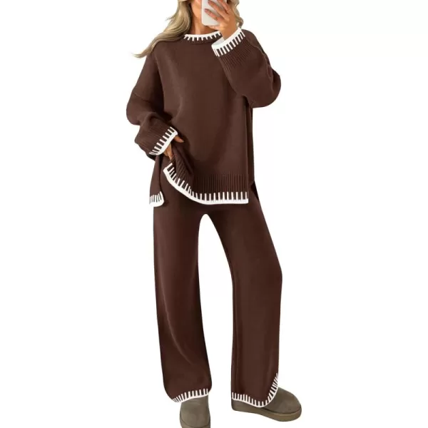imageZESICA Womens 2024 Fall 2 Piece Outfits Sweater Sets Long Sleeve Pullover Tops Wide Leg Pants Lounge SetBrown