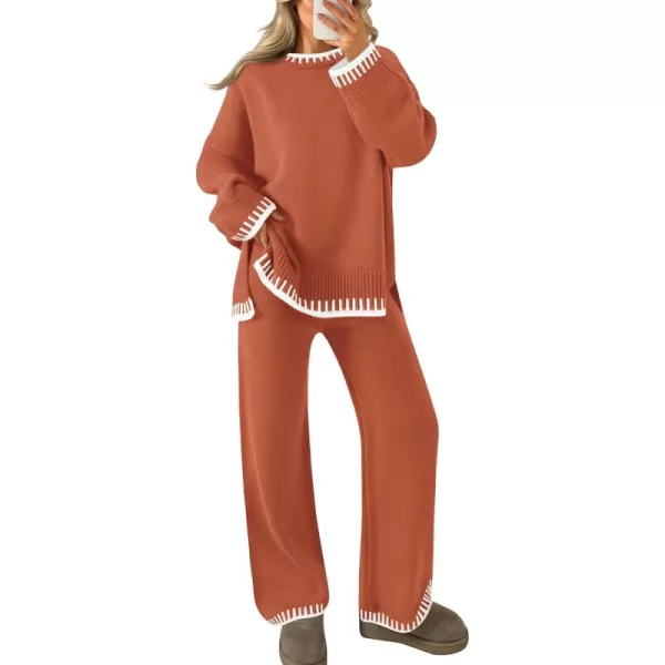 imageZESICA Womens 2024 Fall 2 Piece Outfits Sweater Sets Long Sleeve Pullover Tops Wide Leg Pants Lounge SetCoral