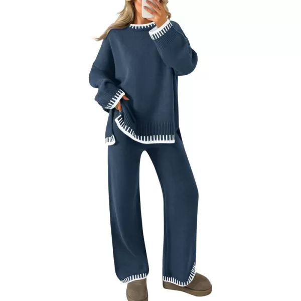 imageZESICA Womens 2024 Fall 2 Piece Outfits Sweater Sets Long Sleeve Pullover Tops Wide Leg Pants Lounge SetDusty Blue