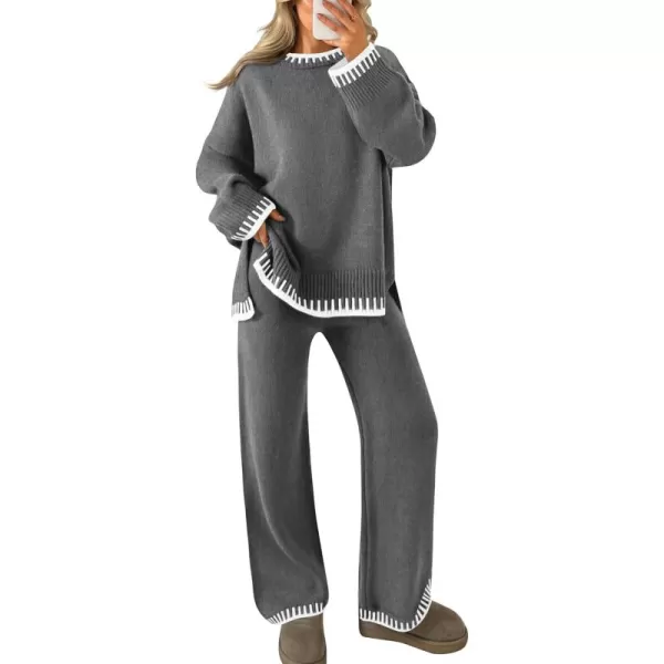 imageZESICA Womens 2024 Fall 2 Piece Outfits Sweater Sets Long Sleeve Pullover Tops Wide Leg Pants Lounge SetGray