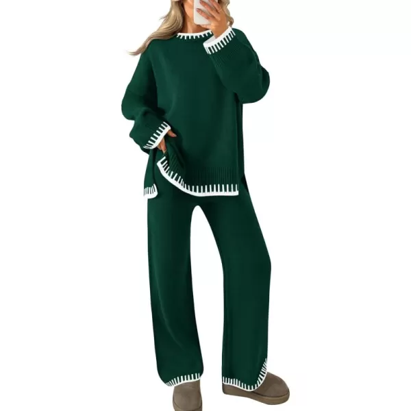 imageZESICA Womens 2024 Fall 2 Piece Outfits Sweater Sets Long Sleeve Pullover Tops Wide Leg Pants Lounge SetGreen
