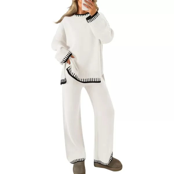 imageZESICA Womens 2024 Fall 2 Piece Outfits Sweater Sets Long Sleeve Pullover Tops Wide Leg Pants Lounge SetIvory