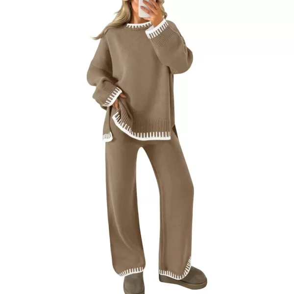 imageZESICA Womens 2024 Fall 2 Piece Outfits Sweater Sets Long Sleeve Pullover Tops Wide Leg Pants Lounge SetKhaki