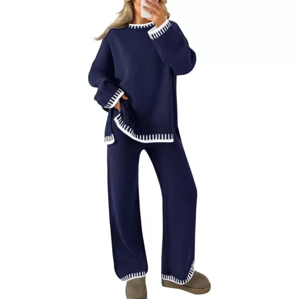imageZESICA Womens 2024 Fall 2 Piece Outfits Sweater Sets Long Sleeve Pullover Tops Wide Leg Pants Lounge SetNavy