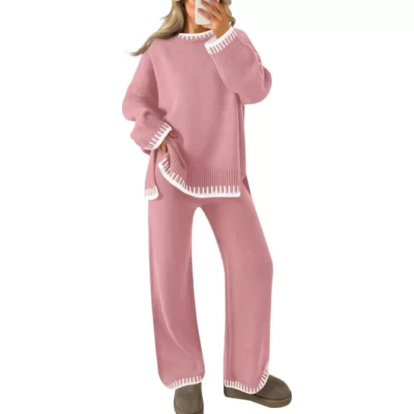 imageZESICA Womens 2024 Fall 2 Piece Outfits Sweater Sets Long Sleeve Pullover Tops Wide Leg Pants Lounge SetPink