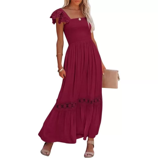 imageZESICA Womens 2024 Summer Lace Strap Sleeveless Square Neck Smocked High Waist Ruffle Hollow Out Flowy A Line Maxi DressWine