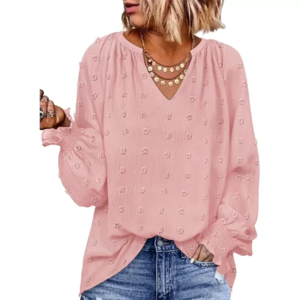 imageZESICA Womens Fall Fashion 2024 Blouses Loose Long Sleeve Business Casual Shirts V Neck Trendy TopsPink