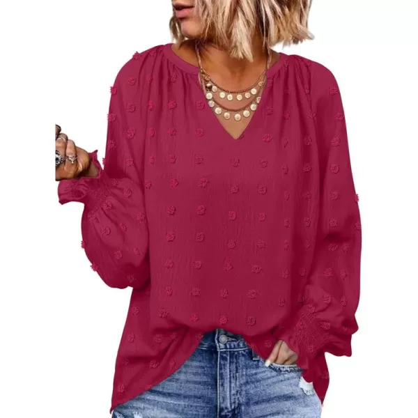 imageZESICA Womens Fall Fashion 2024 Blouses Loose Long Sleeve Business Casual Shirts V Neck Trendy TopsRedwine