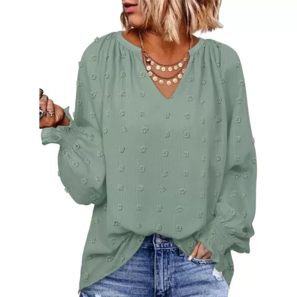 imageZESICA Womens Fall Fashion 2024 Blouses Loose Long Sleeve Business Casual Shirts V Neck Trendy TopsSage