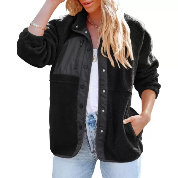 imageZESICA Womens Fall Winter Sherpa Fleece Jacket Casual Long Sleeve Button Down Fuzzy Shacket Outerwear CoatBlack