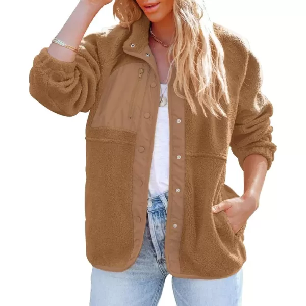 imageZESICA Womens Fall Winter Sherpa Fleece Jacket Casual Long Sleeve Button Down Fuzzy Shacket Outerwear CoatCamel
