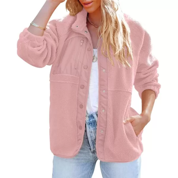 imageZESICA Womens Fall Winter Sherpa Fleece Jacket Casual Long Sleeve Button Down Fuzzy Shacket Outerwear CoatPink