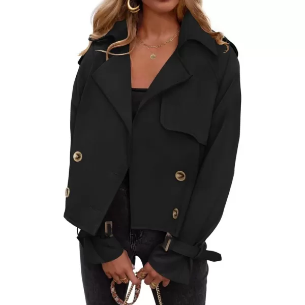 imageZESICA Womens Long Sleeve Crop Trench Coat Lapel Double Breasted Loose Casual Jacket with PocketsBlack
